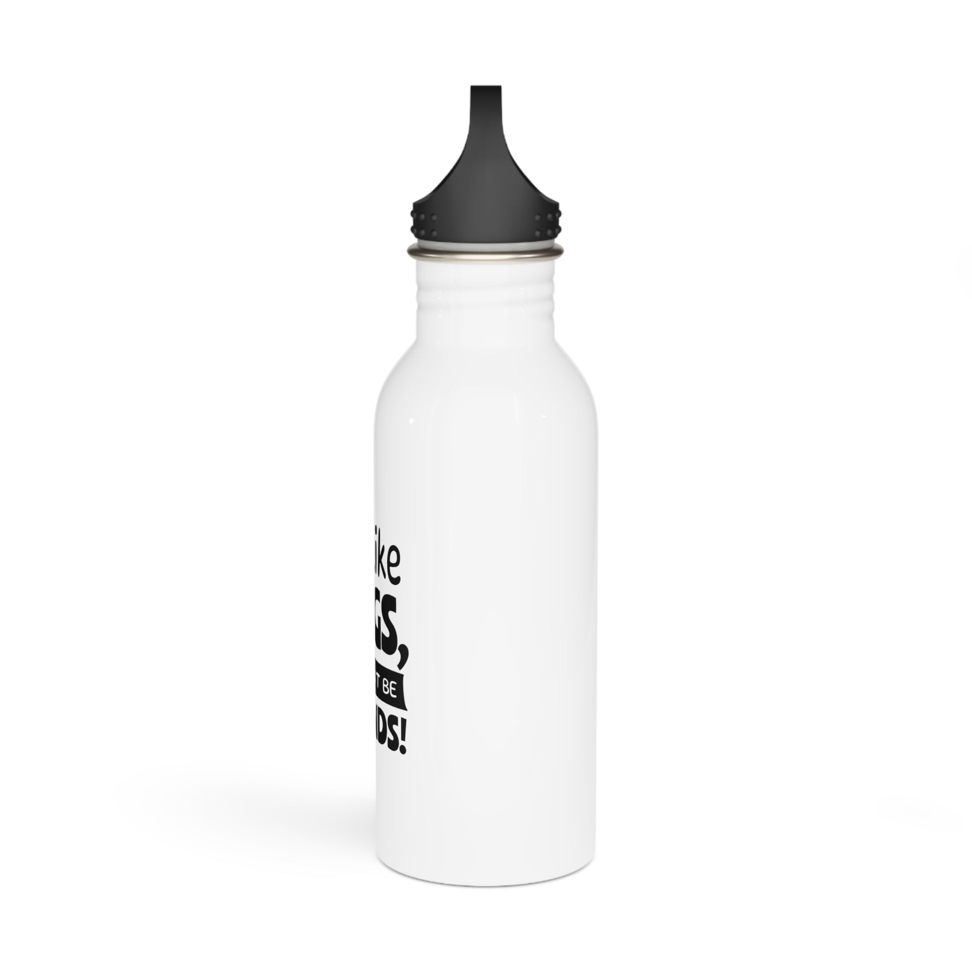 White water bottle with black cap and text on a white background
