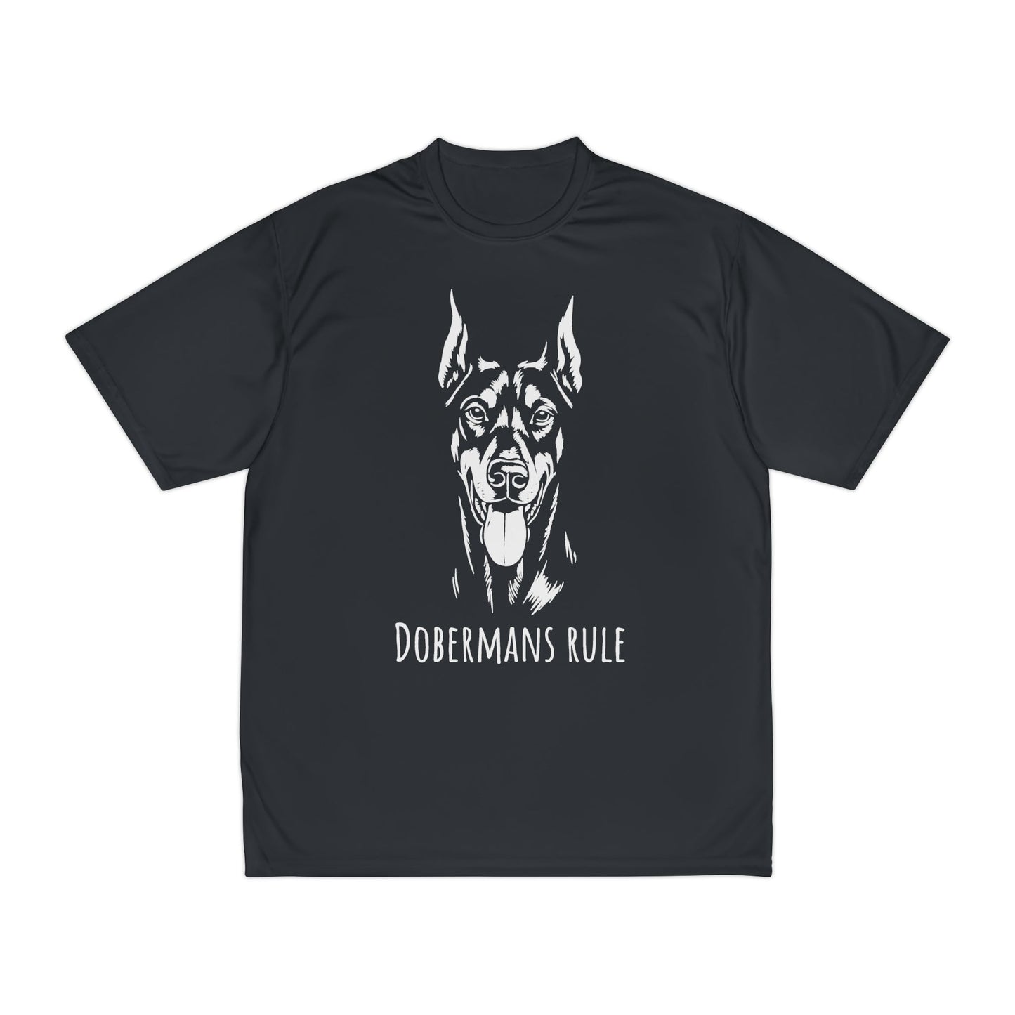 Black t-shirt with a white doberman graphic and 'Dobermans Rule' text on a white background
