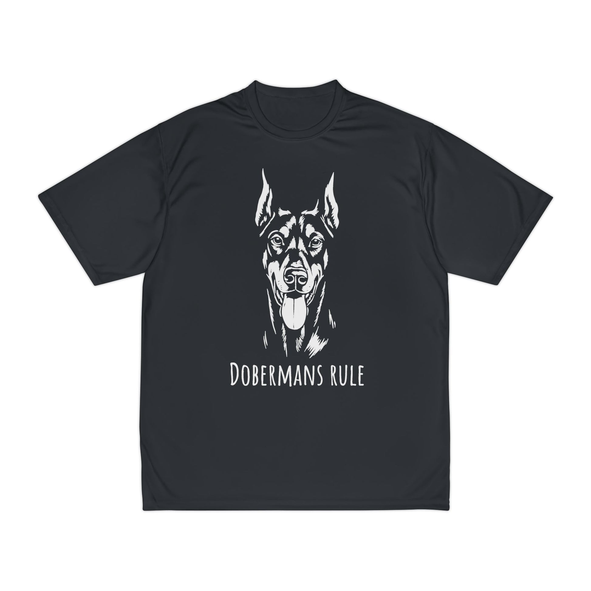Black t-shirt with a white doberman graphic and 'Dobermans Rule' text on a white background