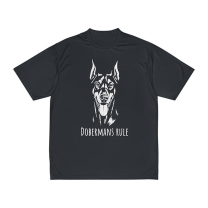Black t-shirt with a white doberman graphic and 'Dobermans Rule' text on a white background