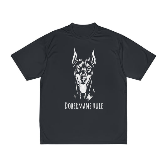Black t-shirt with a white doberman graphic and 'Dobermans Rule' text on a white background