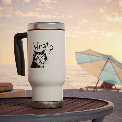 White travel mug with a cat illustration and 'What?' text on a beach setting