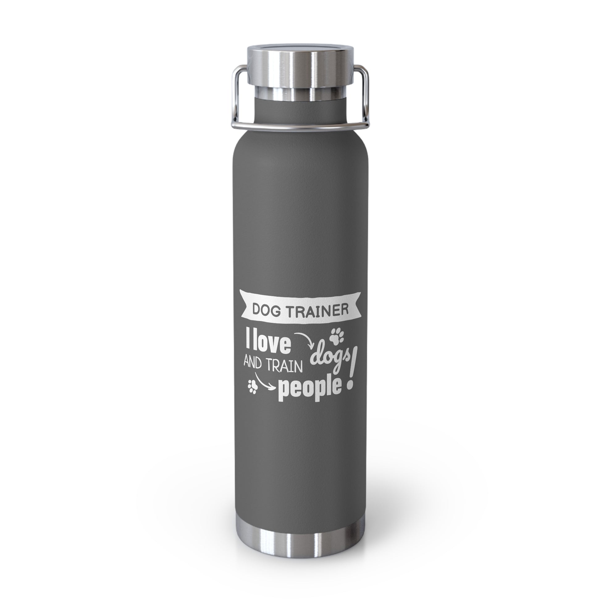 Gray water bottle with text on a white background