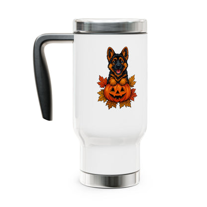 White travel mug with a dog and pumpkin design on a white background
