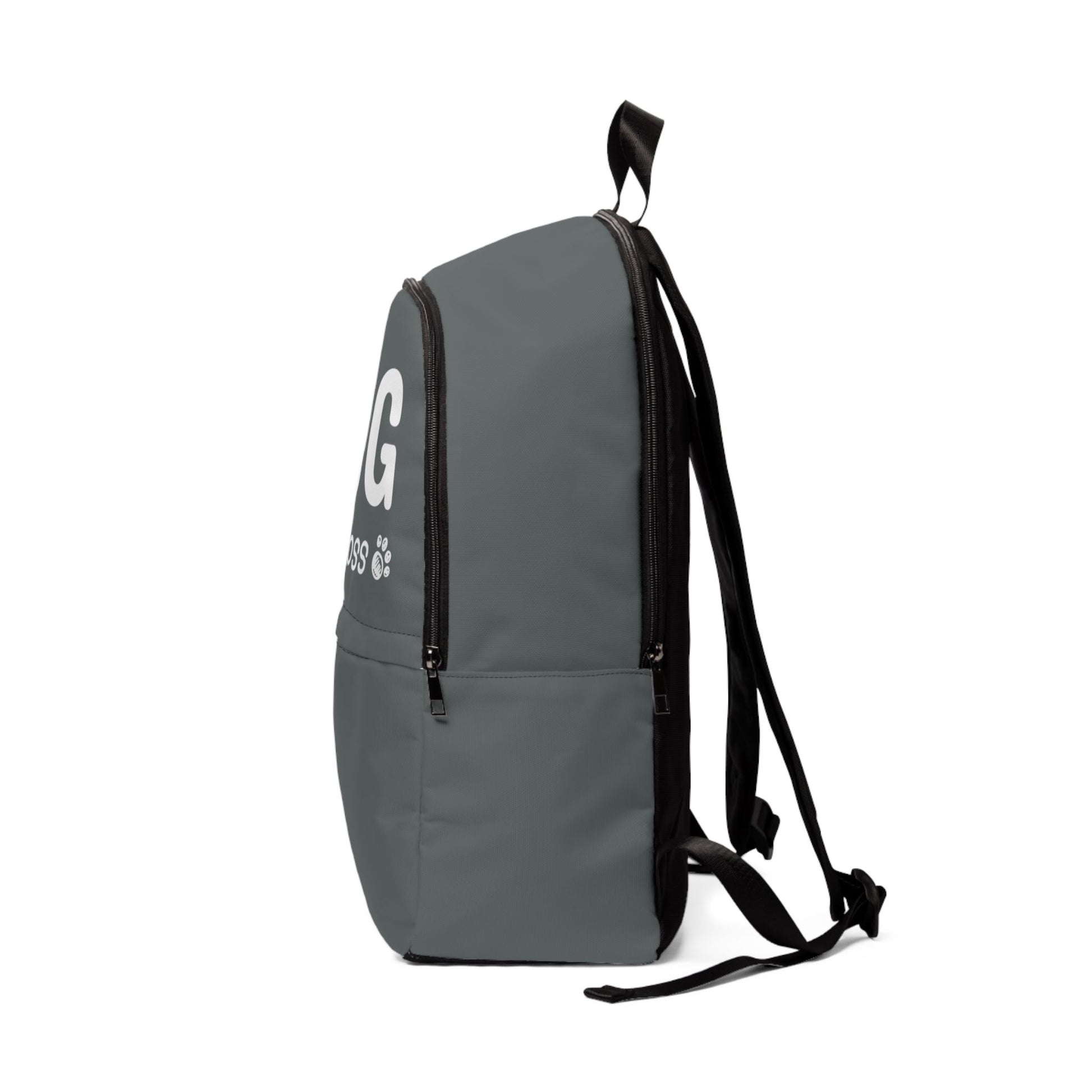 Gray backpack with a brand logo on a white background
