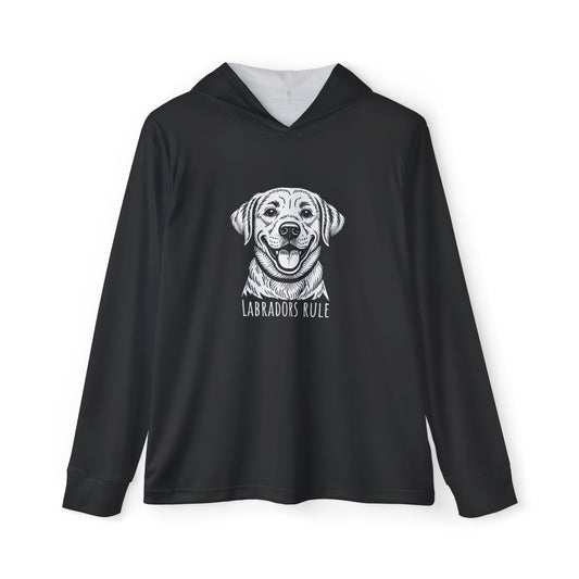 Black hoodie with a dog graphic and 'Labradors Rule' text on a white background