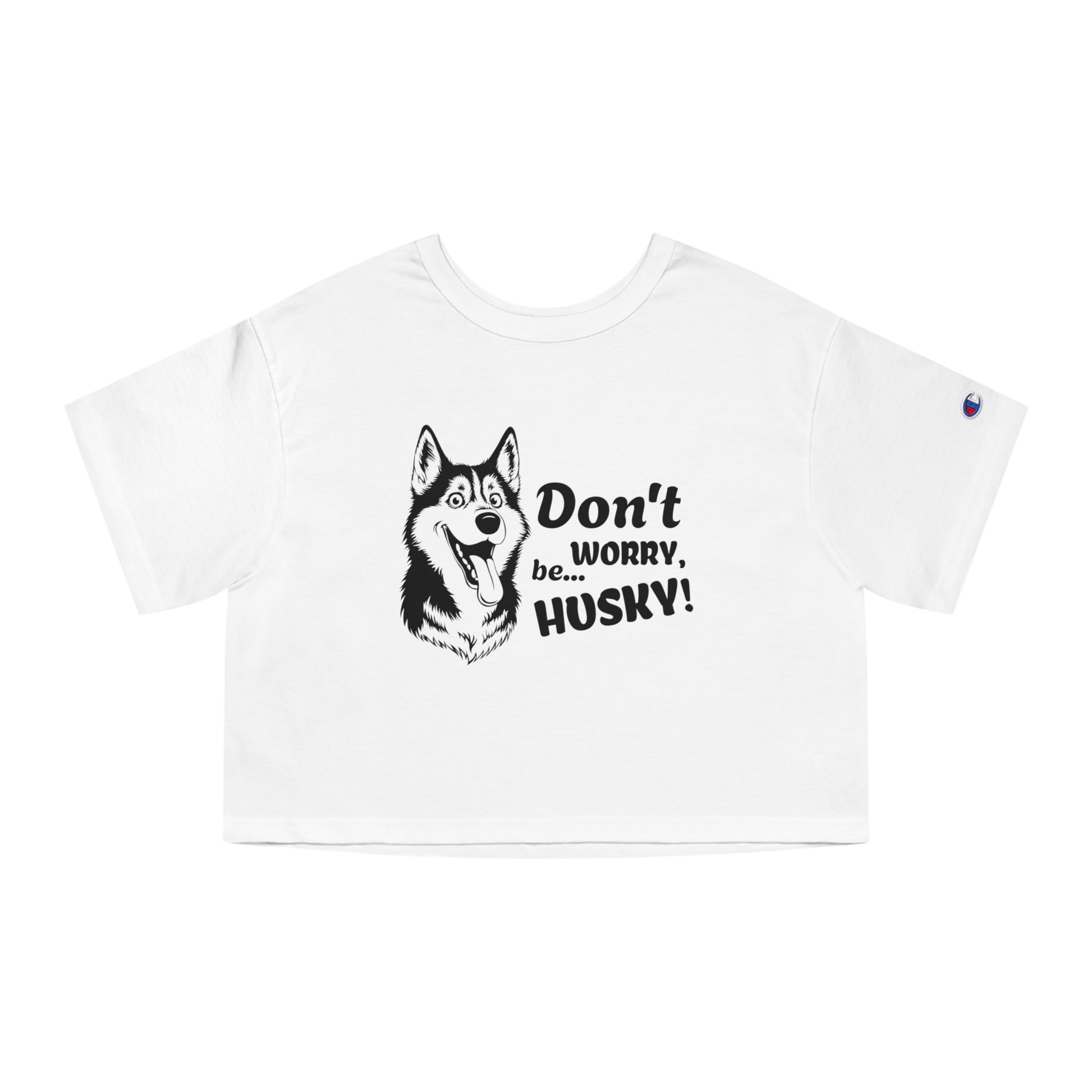 White t-shirt with husky graphic and text on a white background