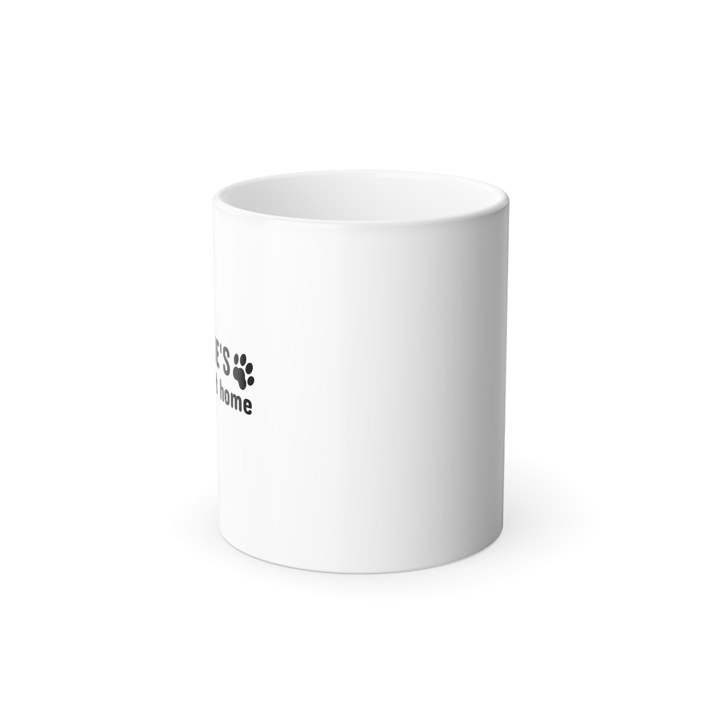 White mug with black text and paw print on a white background