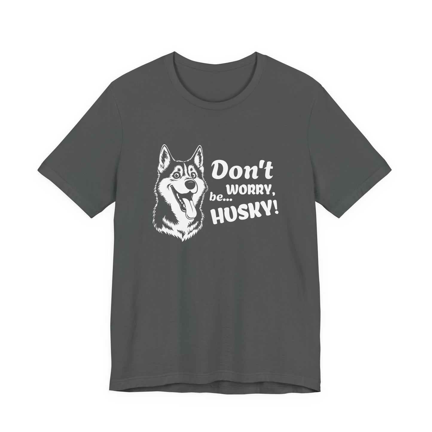 Gray t-shirt with husky graphic and text on a white background