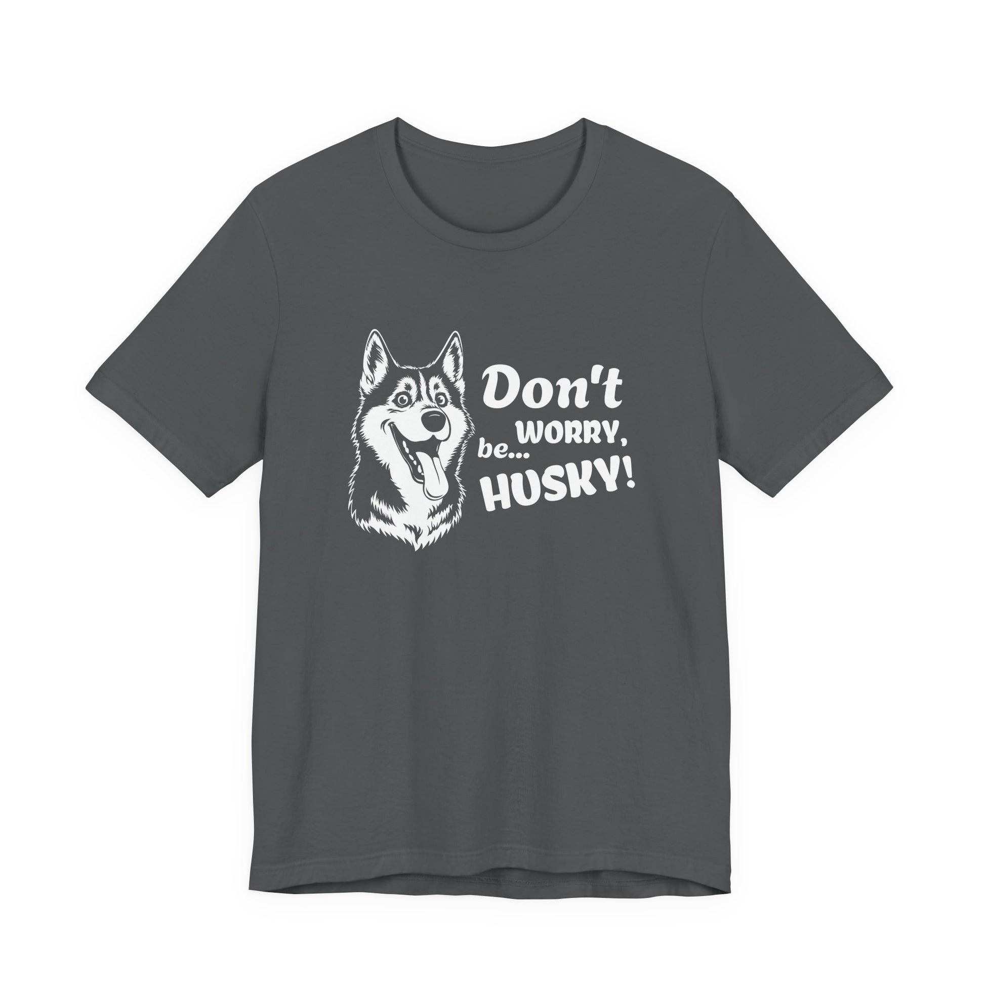 Gray t-shirt with husky graphic and text on a white background