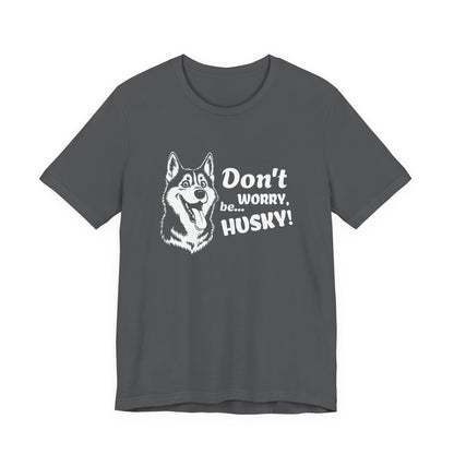 Gray t-shirt with husky graphic and text on a white background