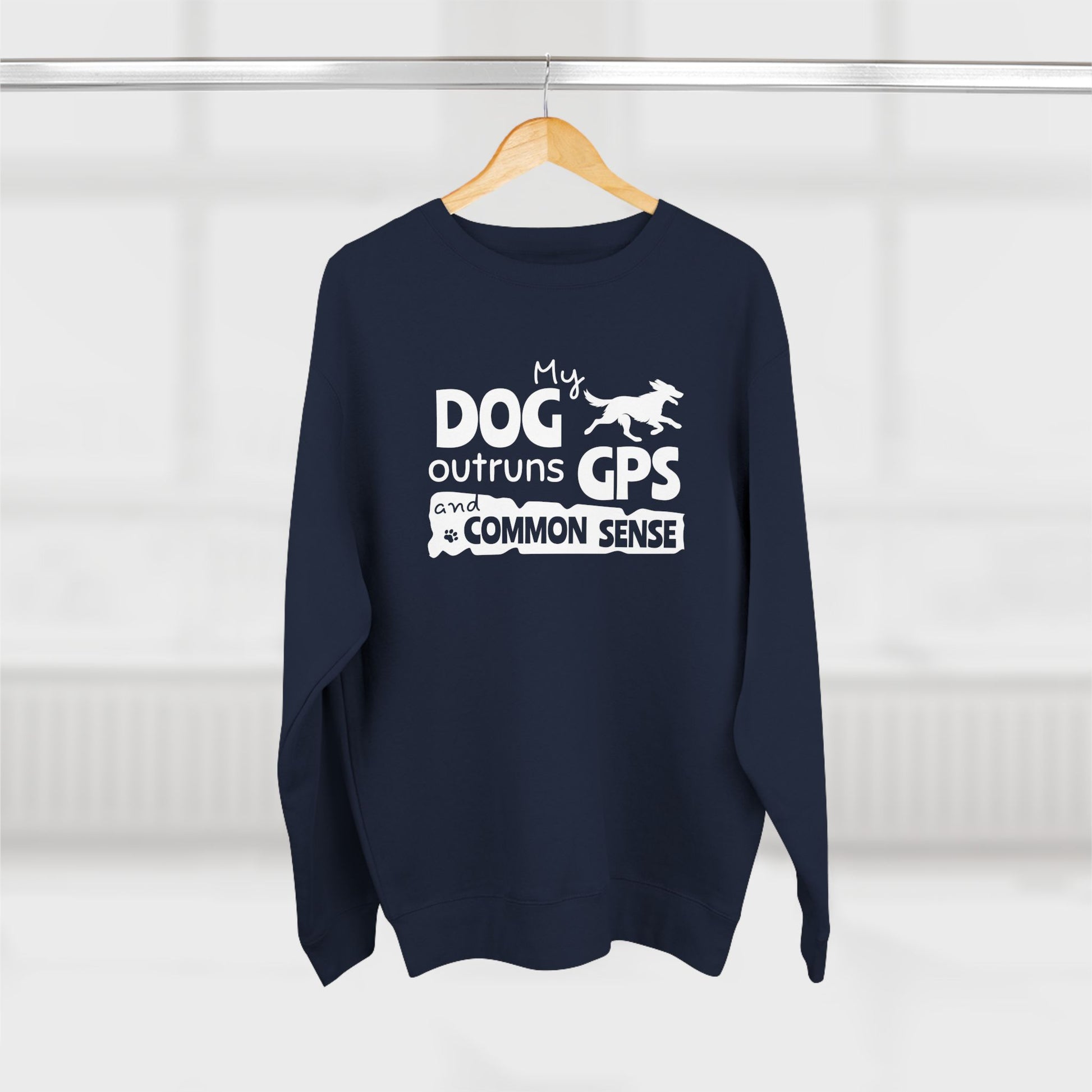 Navy blue sweatshirt with white text and graphic on a hanger against a white background