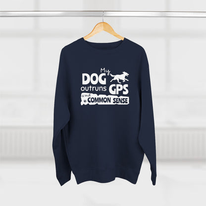 Navy blue sweatshirt with white text and graphic on a hanger against a white background