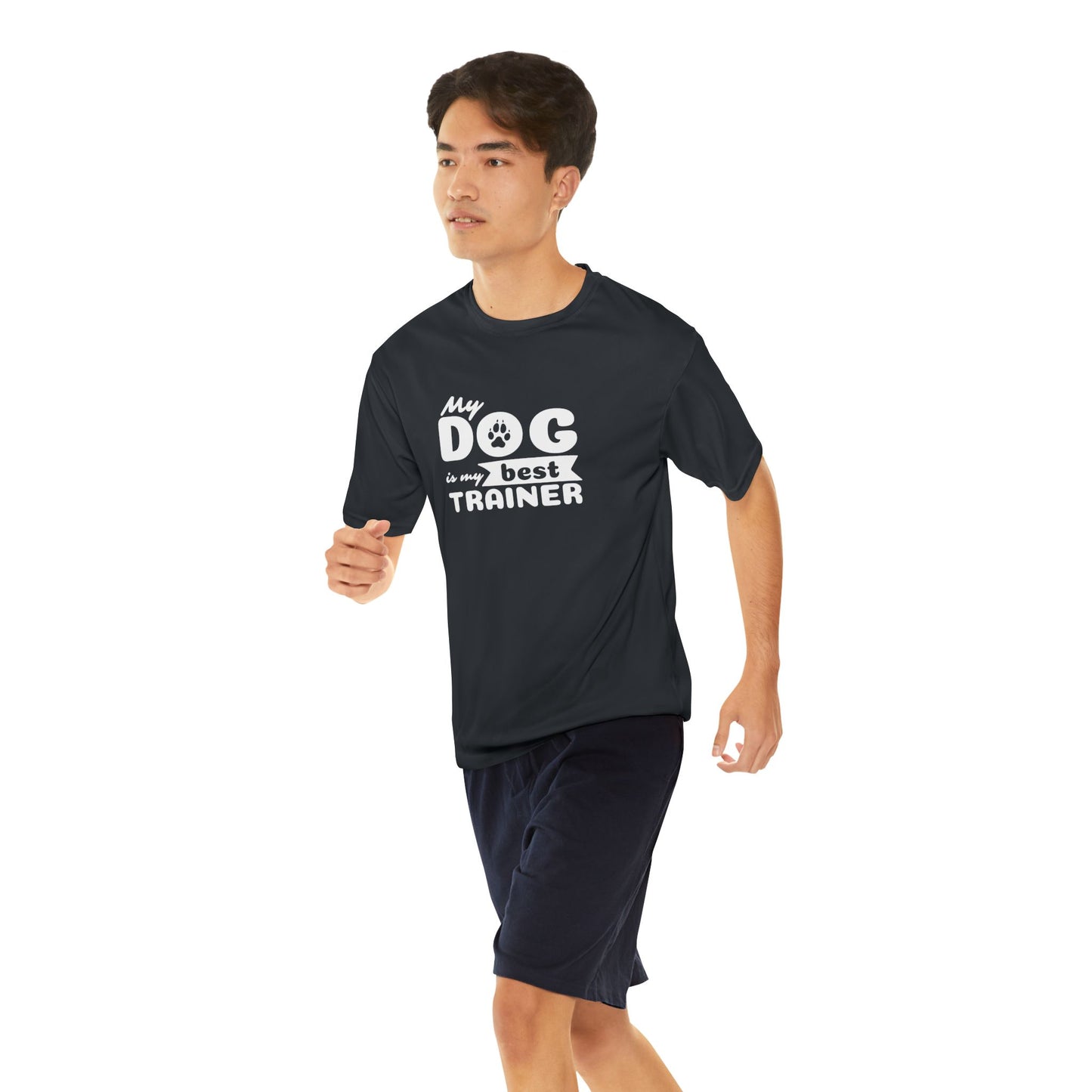 Person wearing a black t-shirt with 'My dog is my best trainer' text on a white background