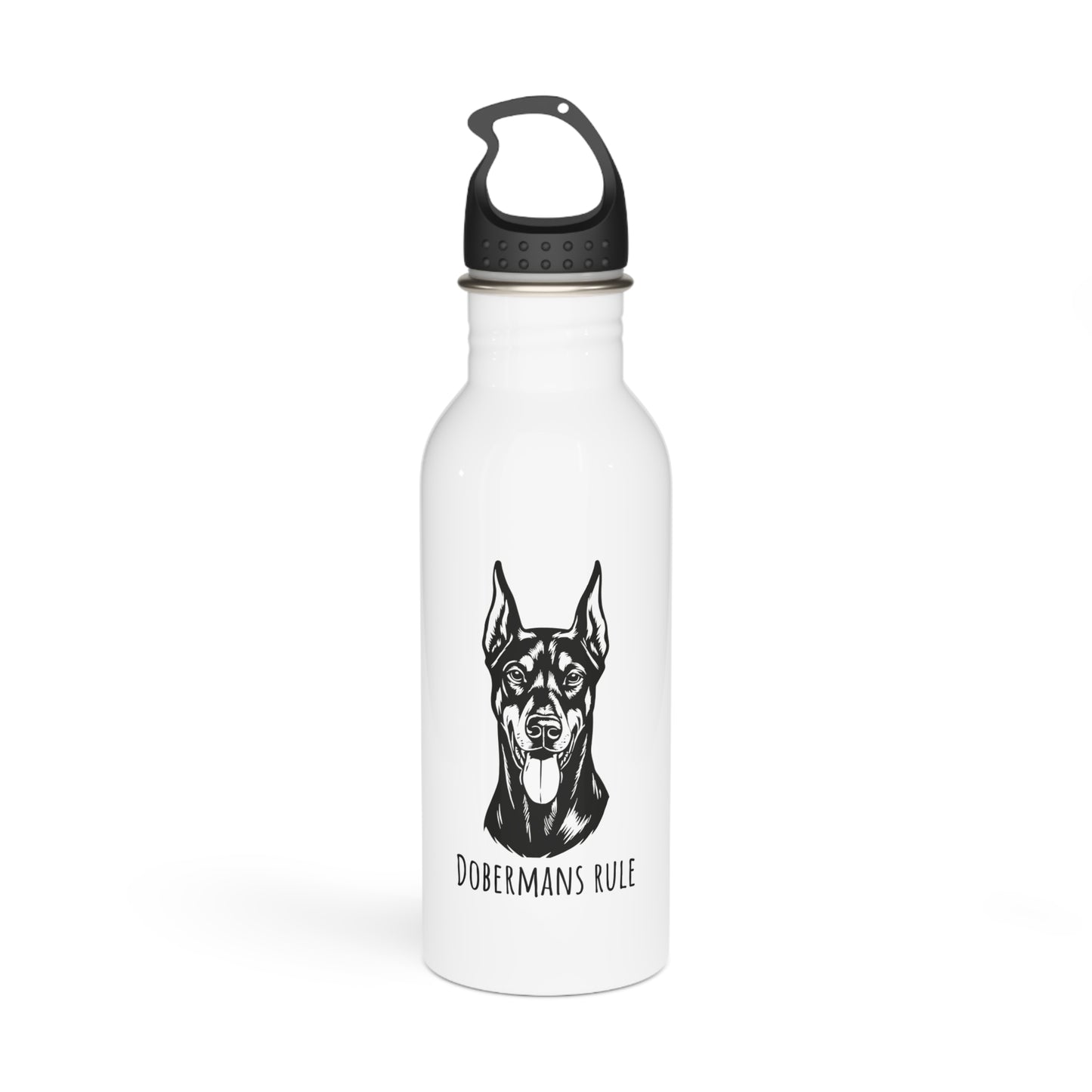 White water bottle with black doberman illustration and 'Dobermans Rule' text on a white background