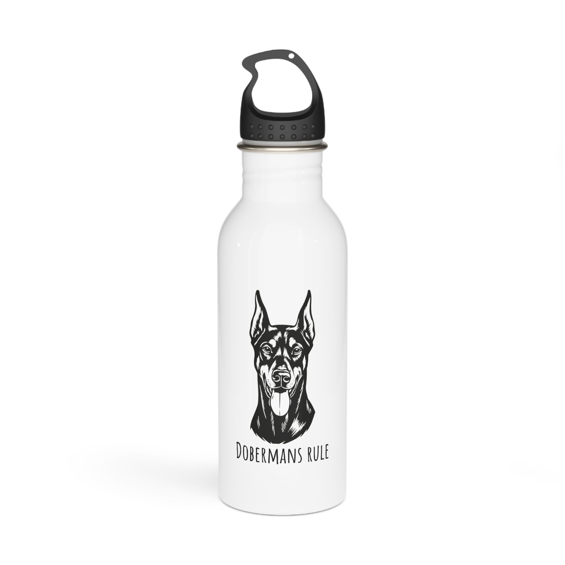 White water bottle with black doberman illustration and 'Dobermans Rule' text on a white background
