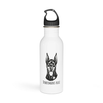 White water bottle with black doberman illustration and 'Dobermans Rule' text on a white background