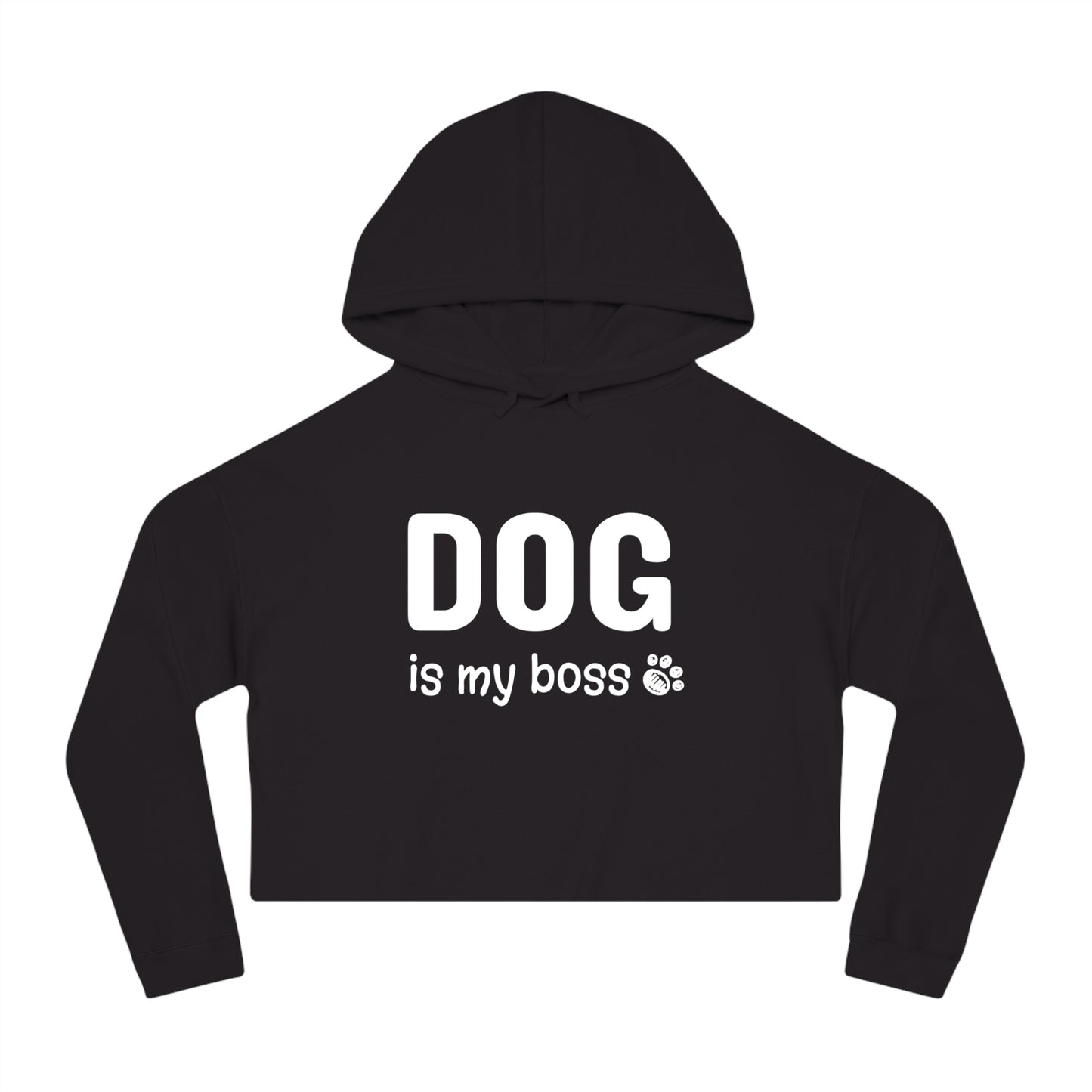 Black cropped hoodie with 'DOG is my boss' text on a white background