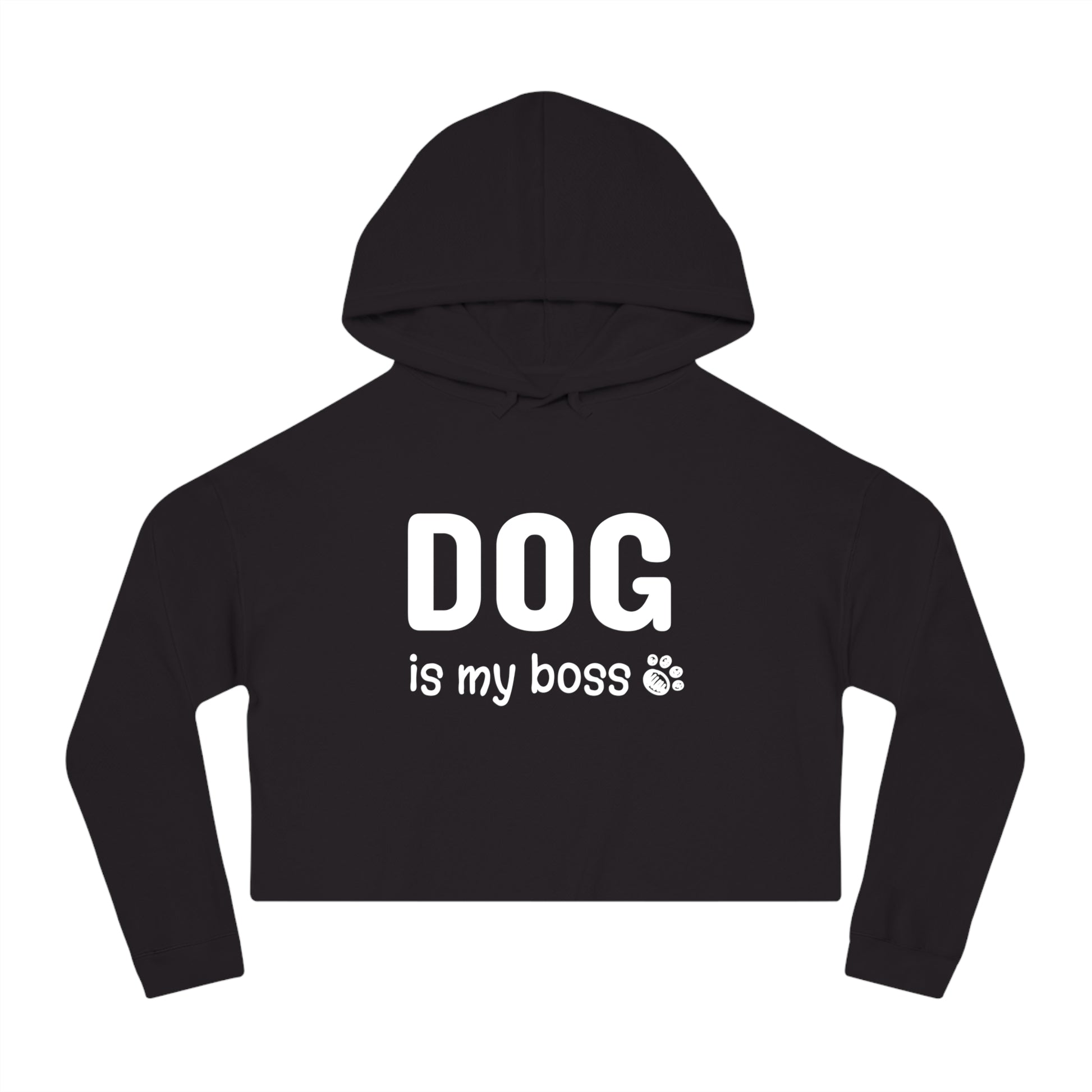 Black cropped hoodie with 'DOG is my boss' text on a white background