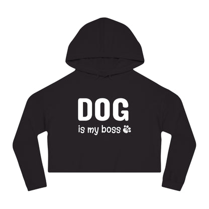 Black cropped hoodie with 'DOG is my boss' text on a white background