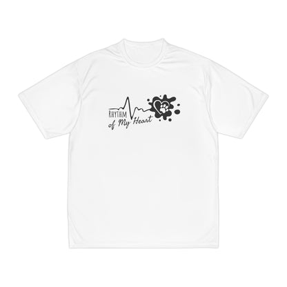 White t-shirt with black graphic design on a white background