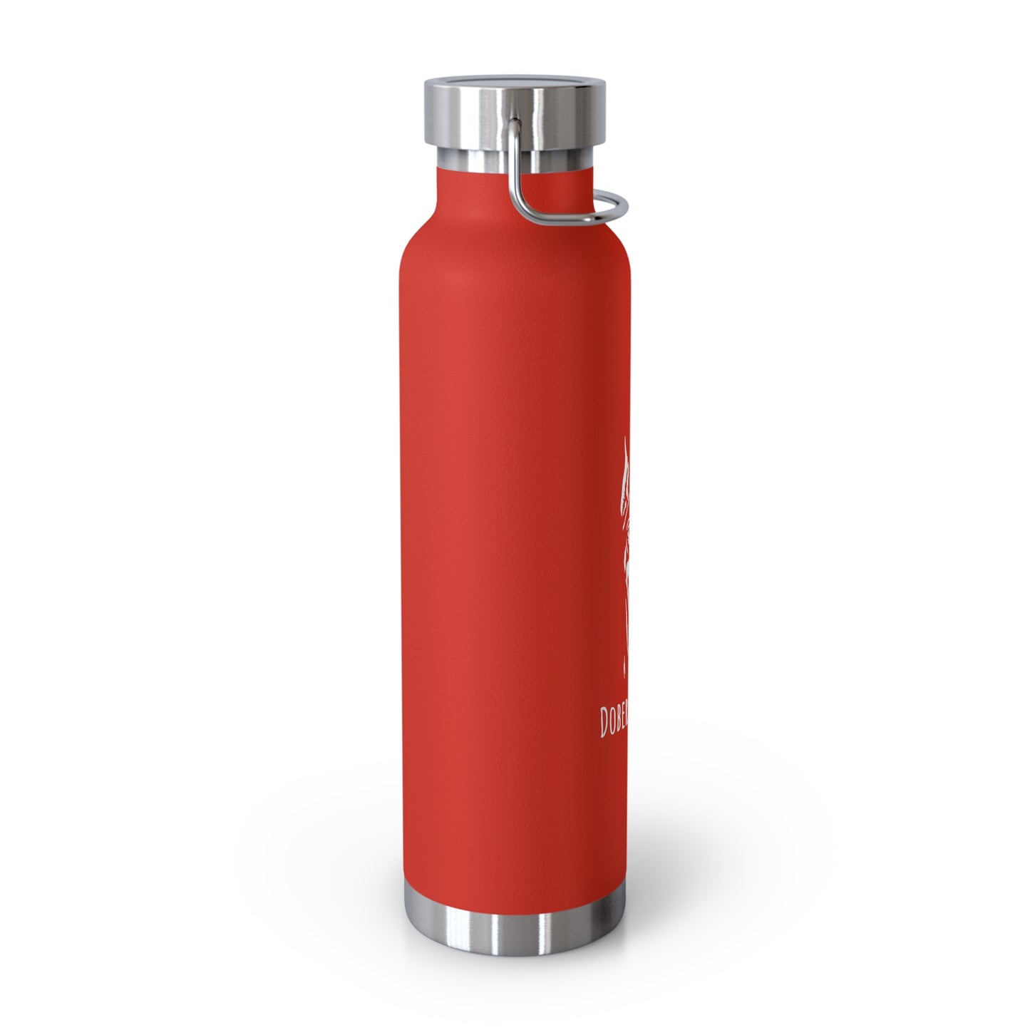 Red water bottle with silver cap and base on a white background