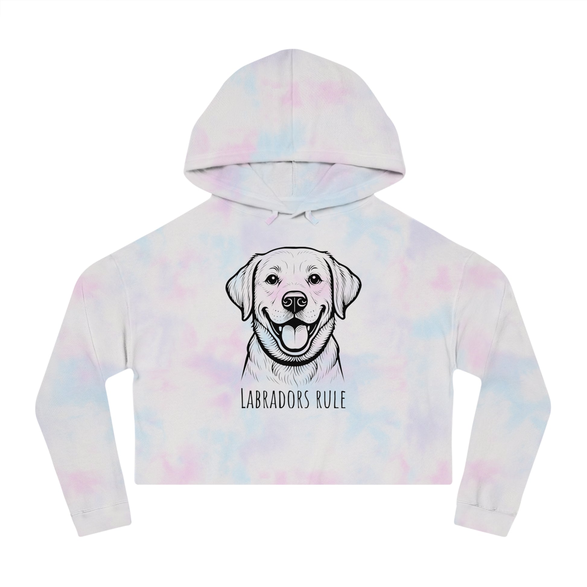 Tie-dye hoodie with a dog illustration and 'Labradors Rule' text on a white background