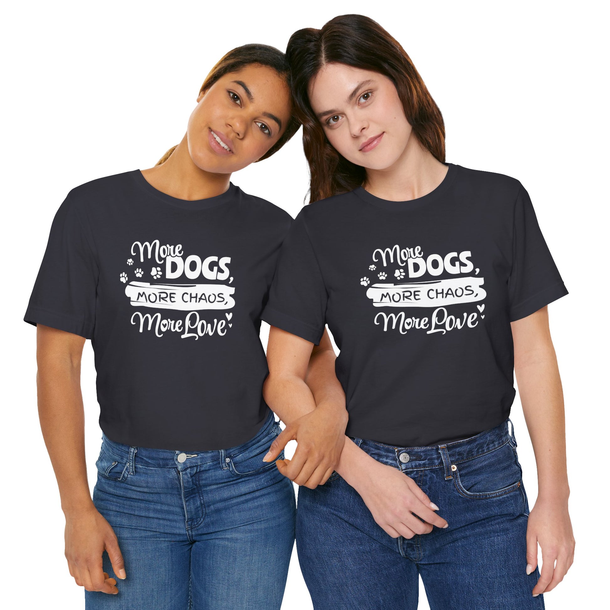 Two people wearing black t-shirts with white text and design on a white background