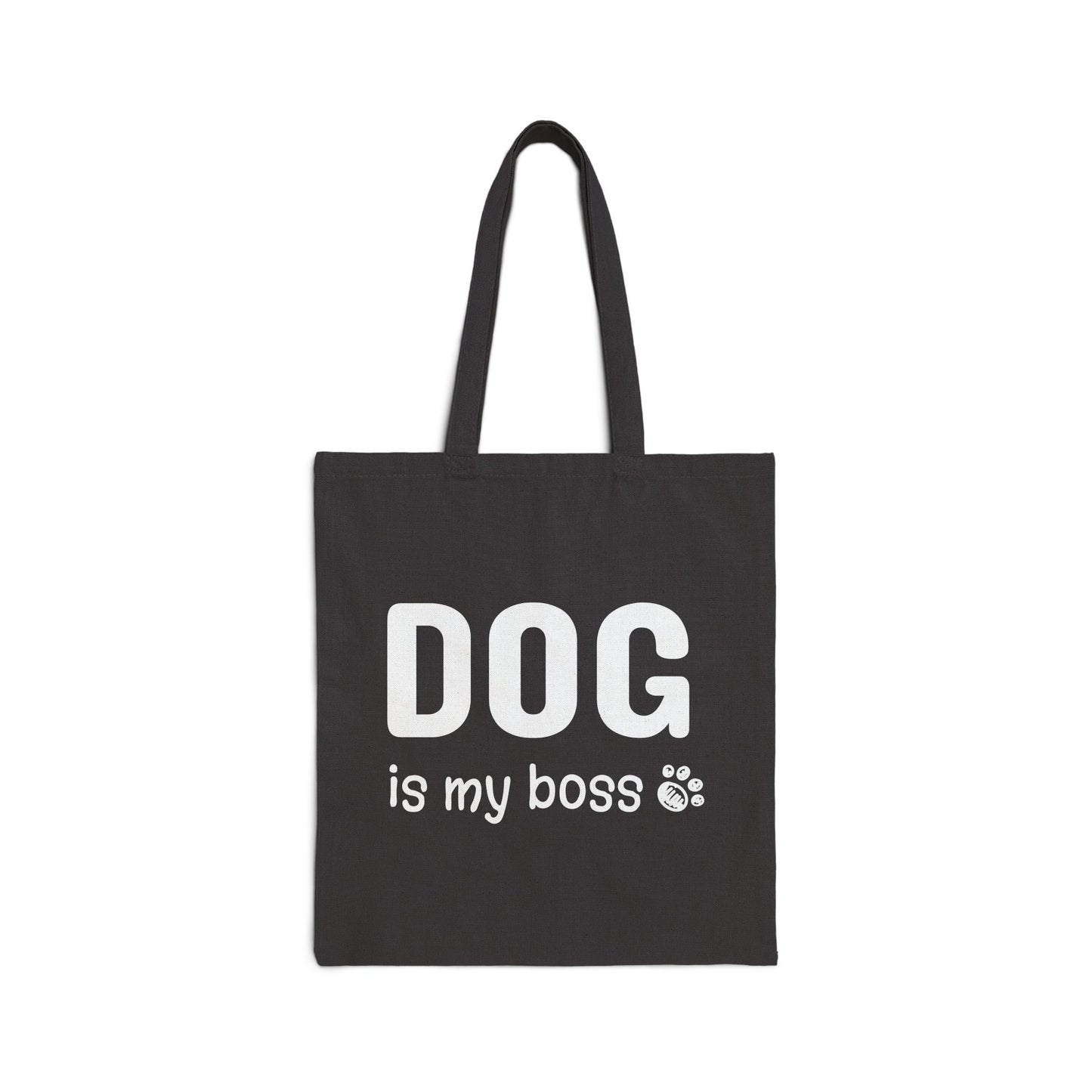 Black tote bag with 'DOG is my boss' text on a white background