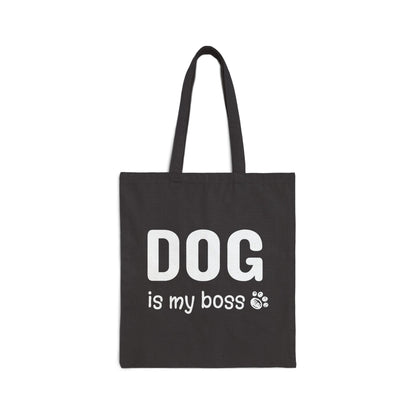 Black tote bag with 'DOG is my boss' text on a white background