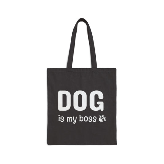 Black tote bag with 'DOG is my boss' text on a white background