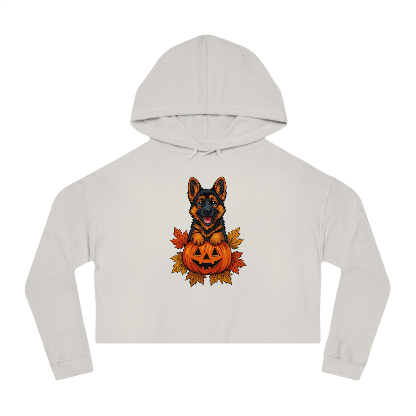 White cropped hoodie with a German Shepherd and pumpkin design on a white background