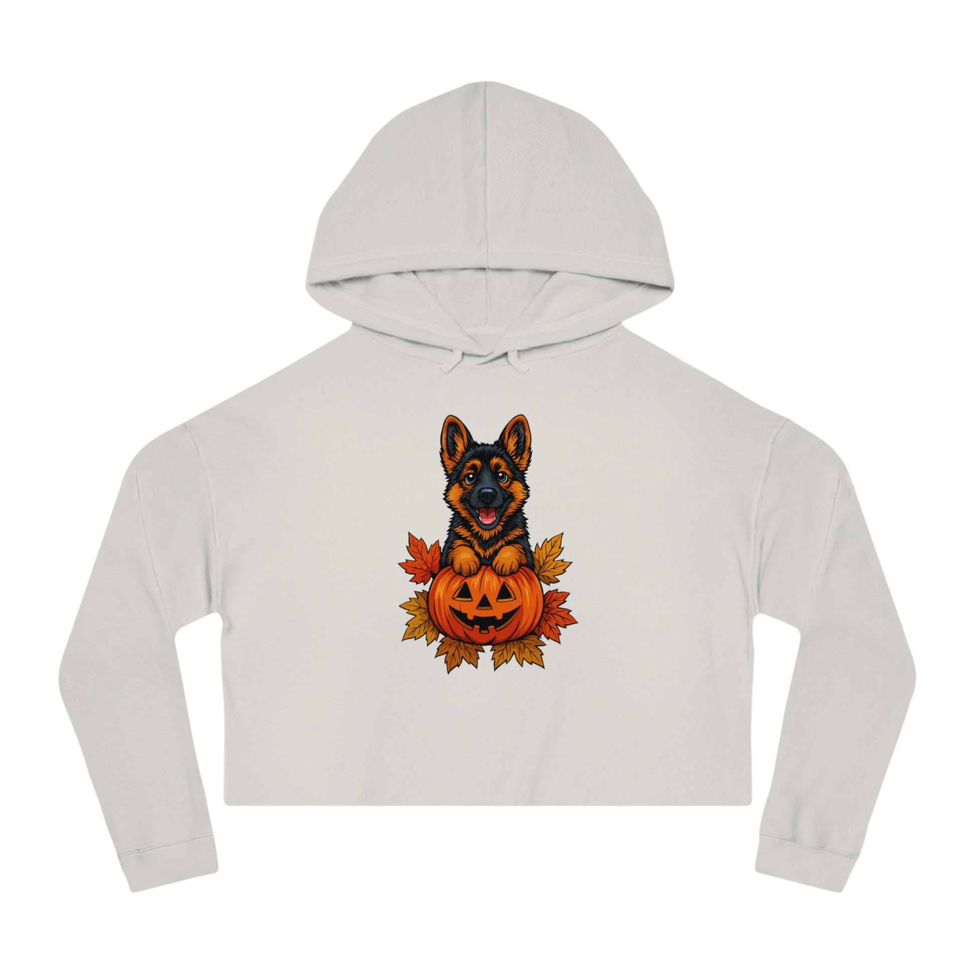 White cropped hoodie with a German Shepherd and pumpkin design on a white background