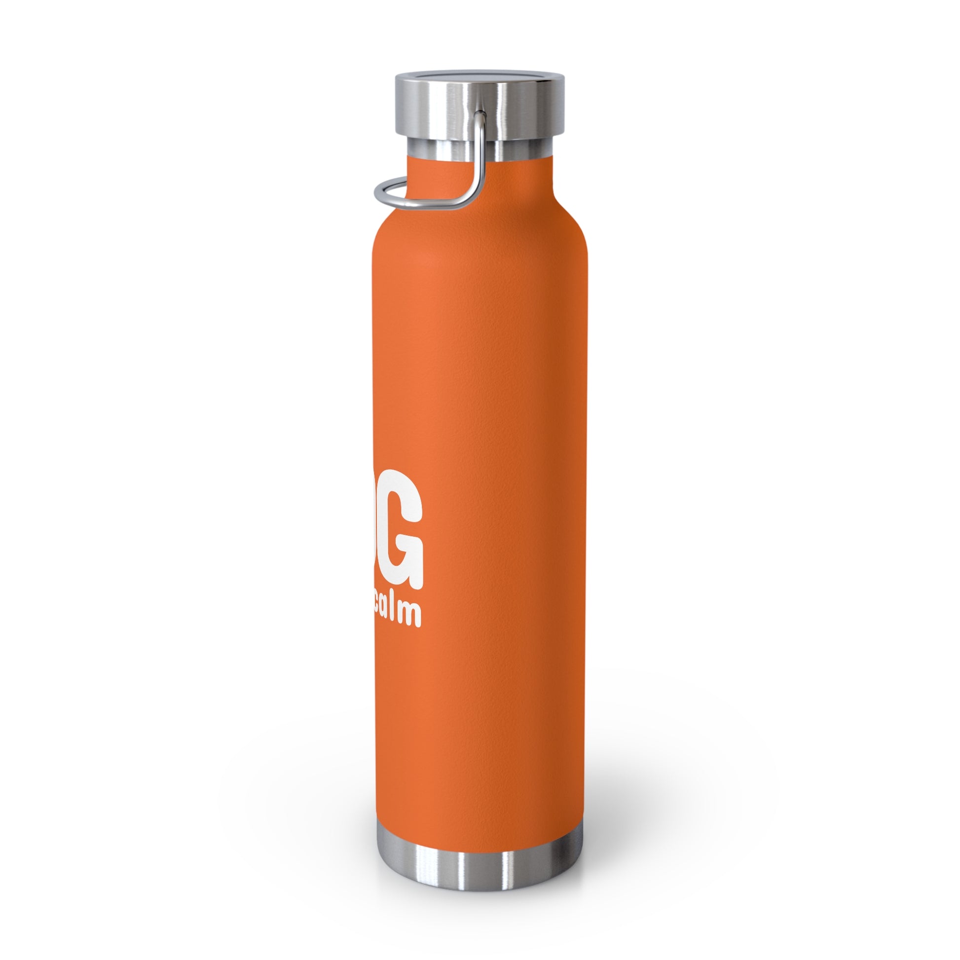 Orange water bottle with a silver cap on a white background