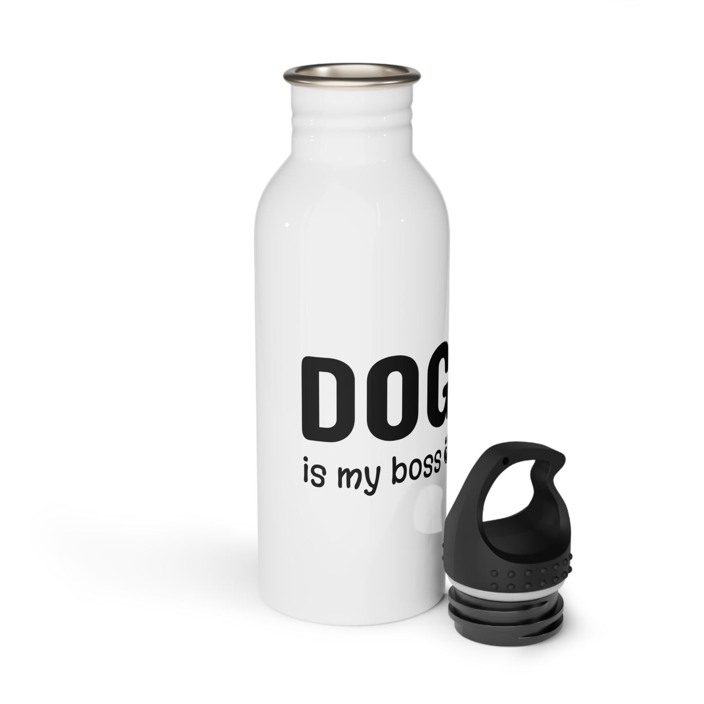 White water bottle with 'DOG is my boss' text and black cap on a white background