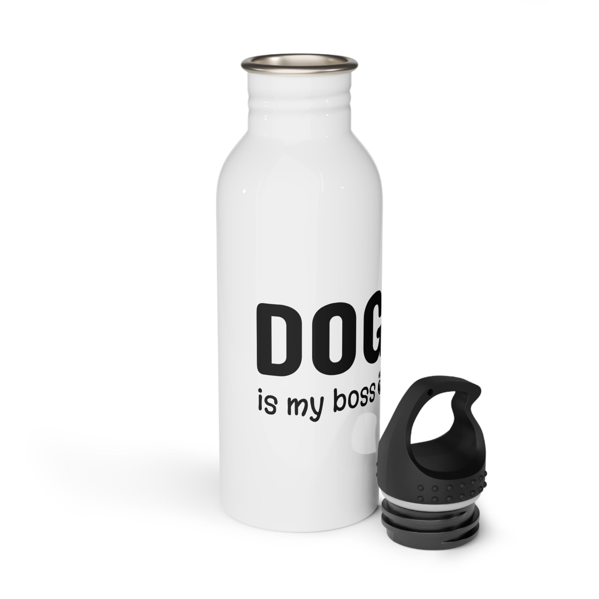 White water bottle with 'DOG is my boss' text and black cap on a white background