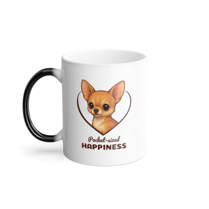 White mug with a chihuahua illustration and text on a white background