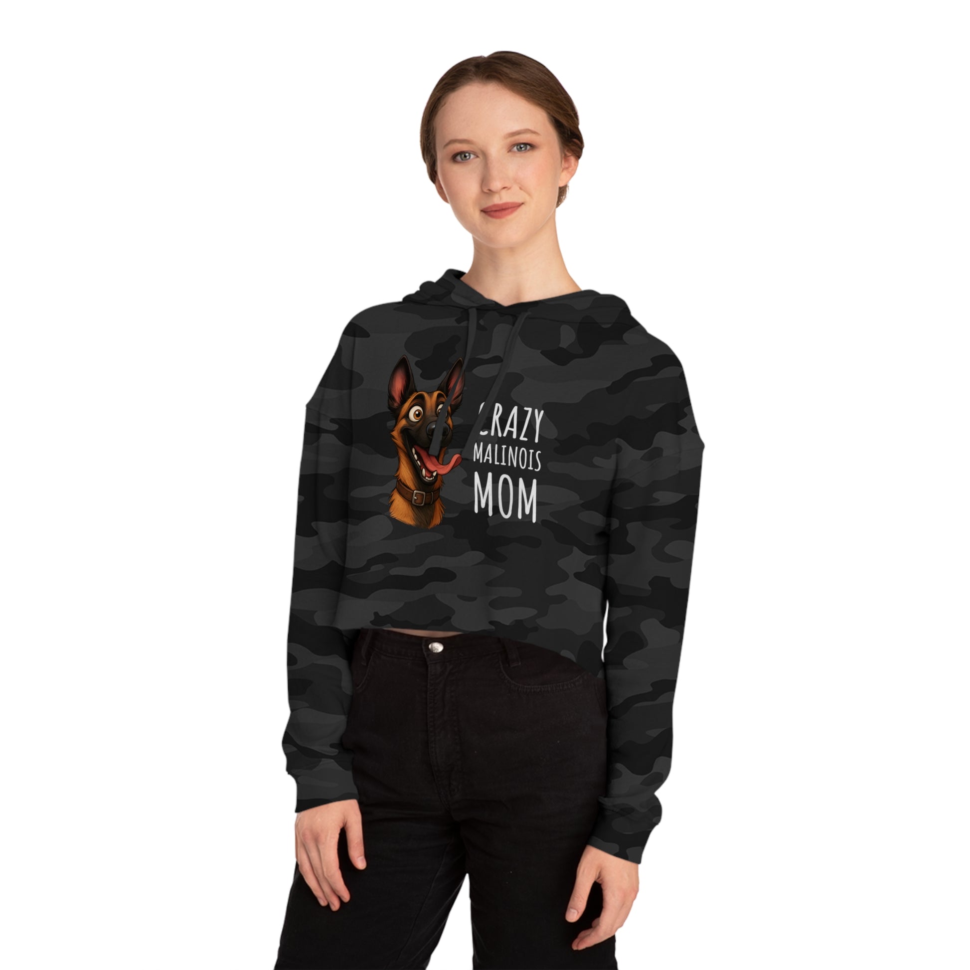 Person wearing a black camouflage hoodie with a dog graphic and text on a white background