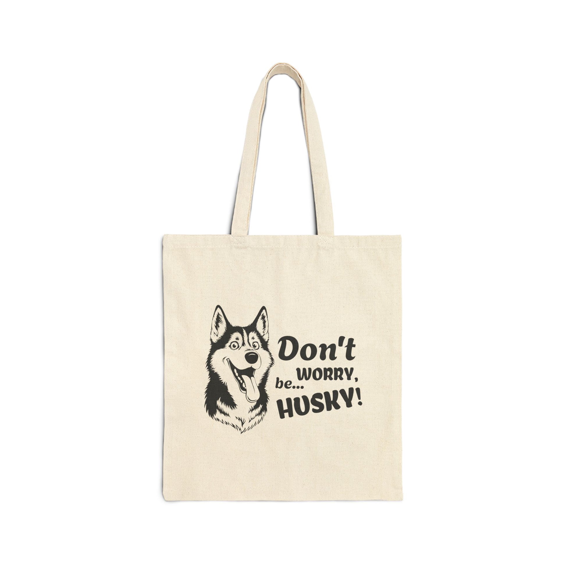 Beige tote bag with husky illustration and text on a white background