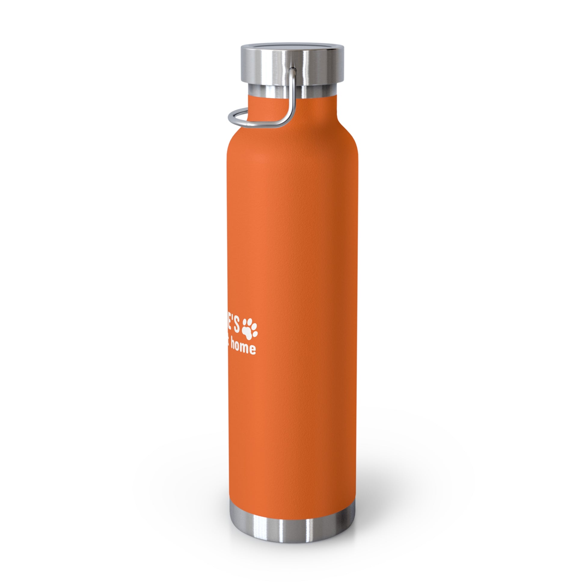 Orange water bottle with silver cap on a white background