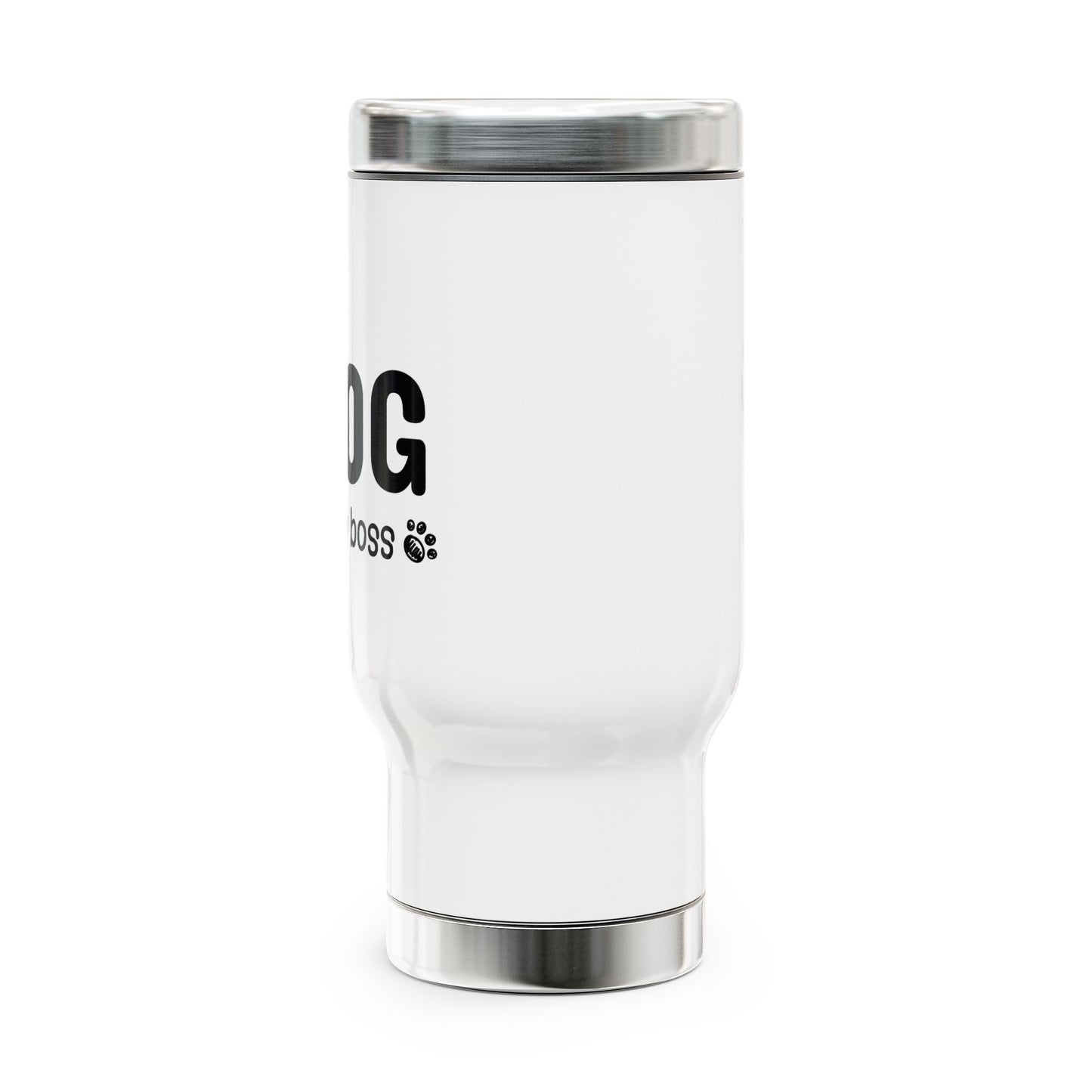 White tumbler with 'Dog Boss' text and paw print on a white background