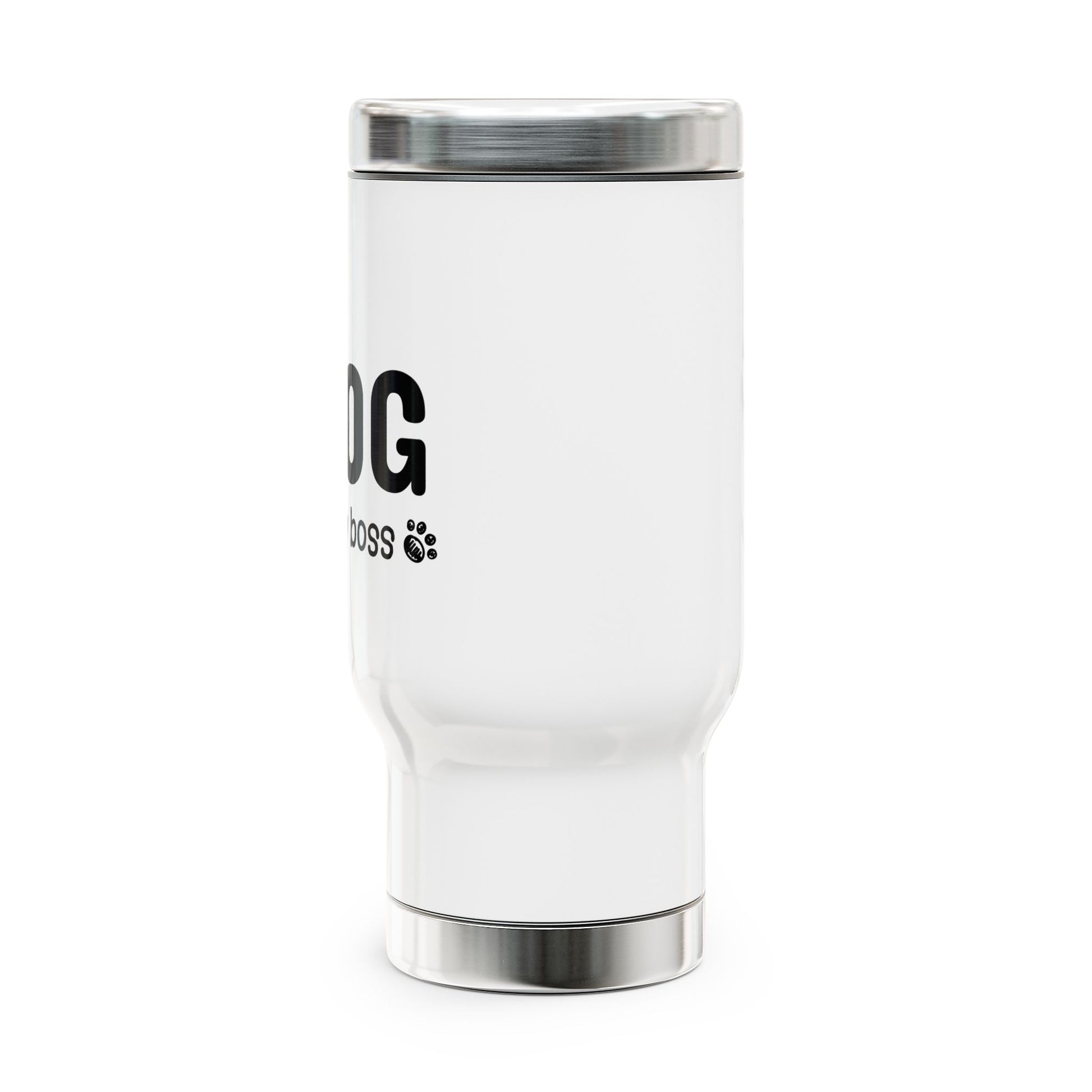 White tumbler with 'Dog Boss' text and paw print on a white background