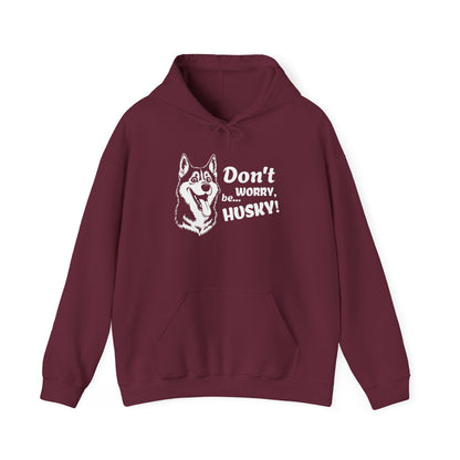 Maroon hoodie with husky graphic and text on a white background