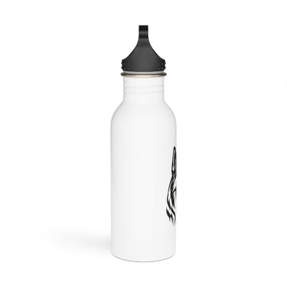 White water bottle with black lid and black logo on a white background