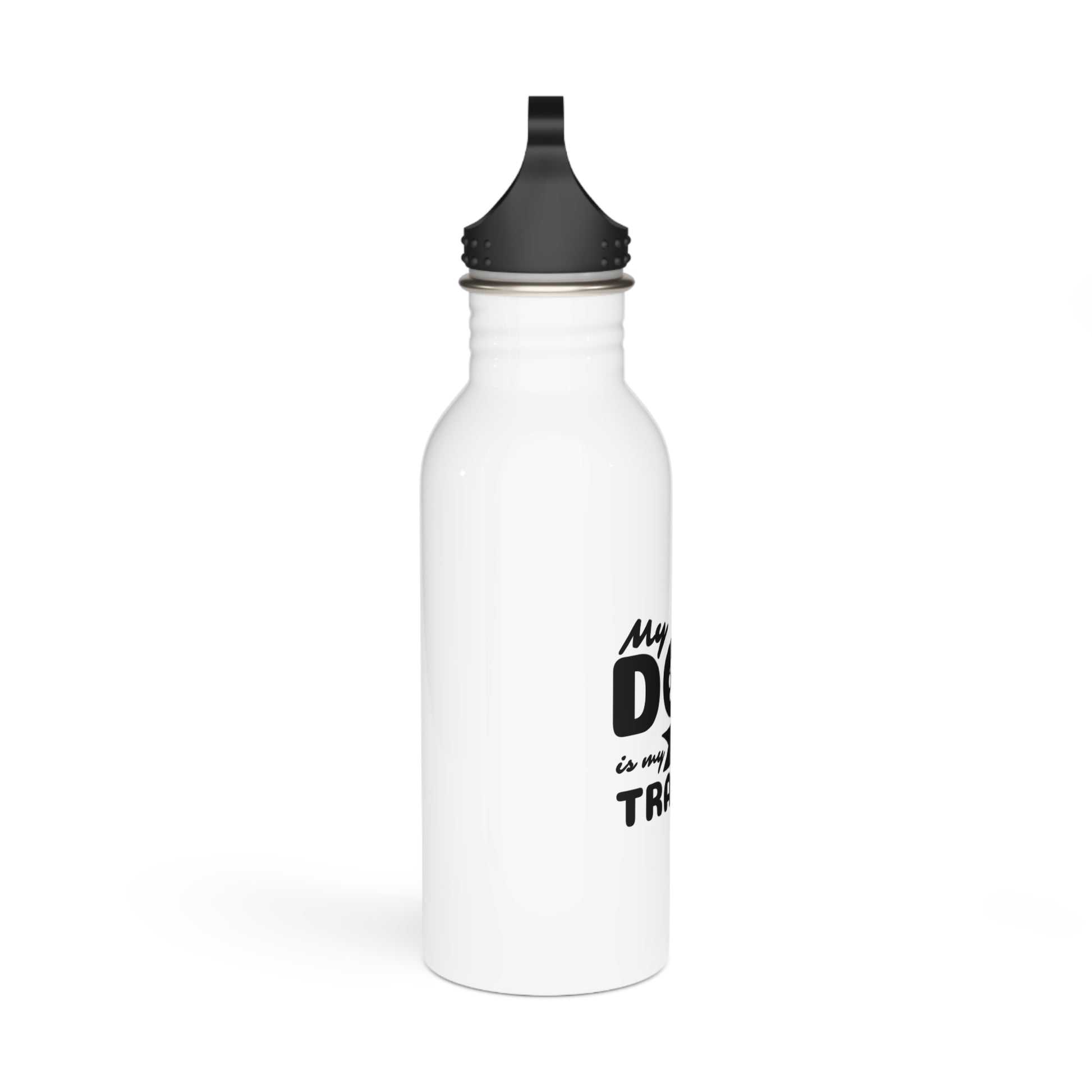 White water bottle with black text on a white background