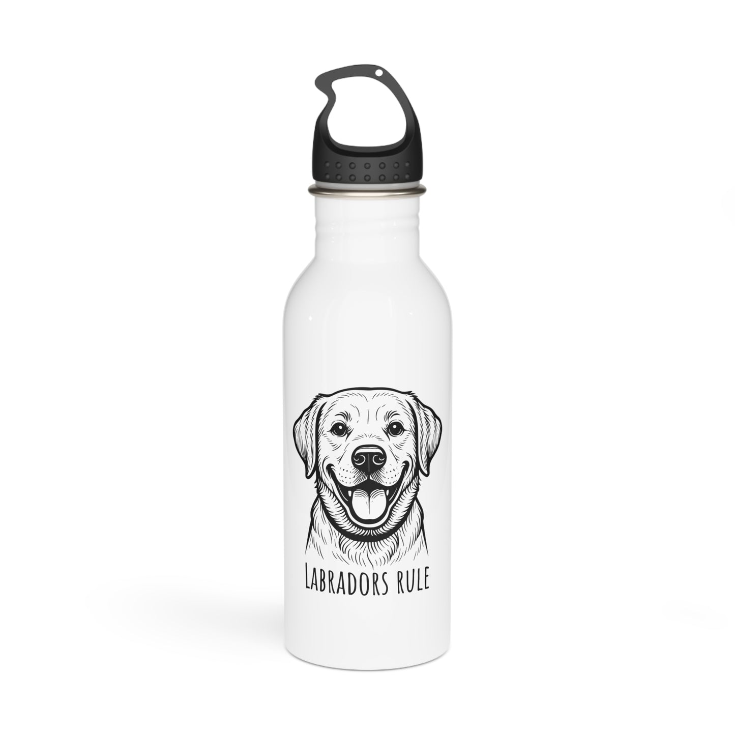 White water bottle with a black and white illustration of a Labrador and 'Labradors Rule' text on a white background