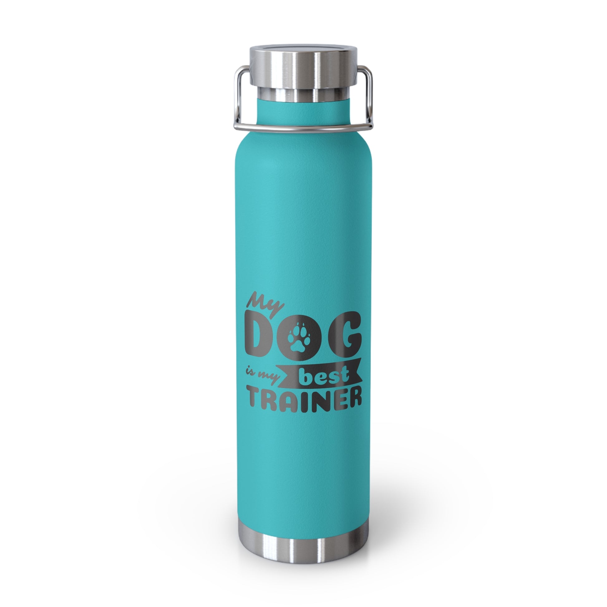Turquoise water bottle with silver cap and text on a white background