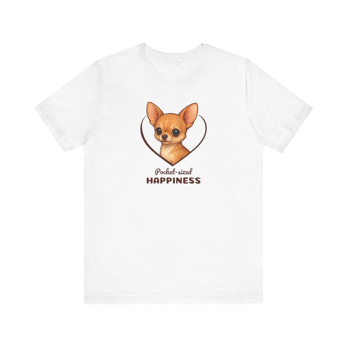 White t-shirt with a dog graphic and text on a white background