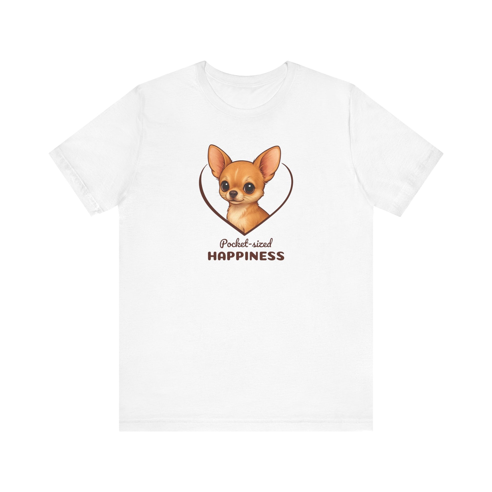 White t-shirt with a dog graphic and text on a white background