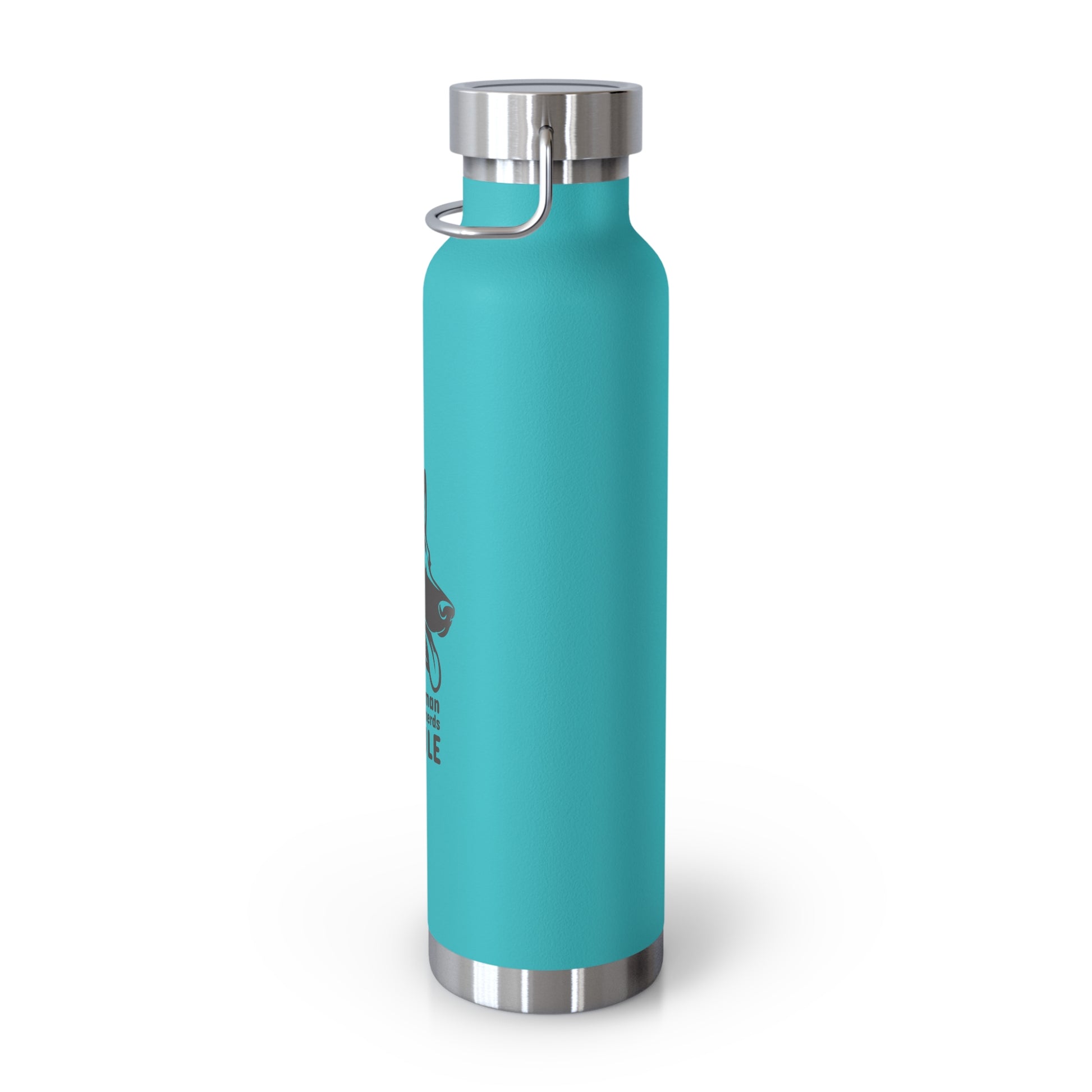 Turquoise water bottle with silver cap on a white background